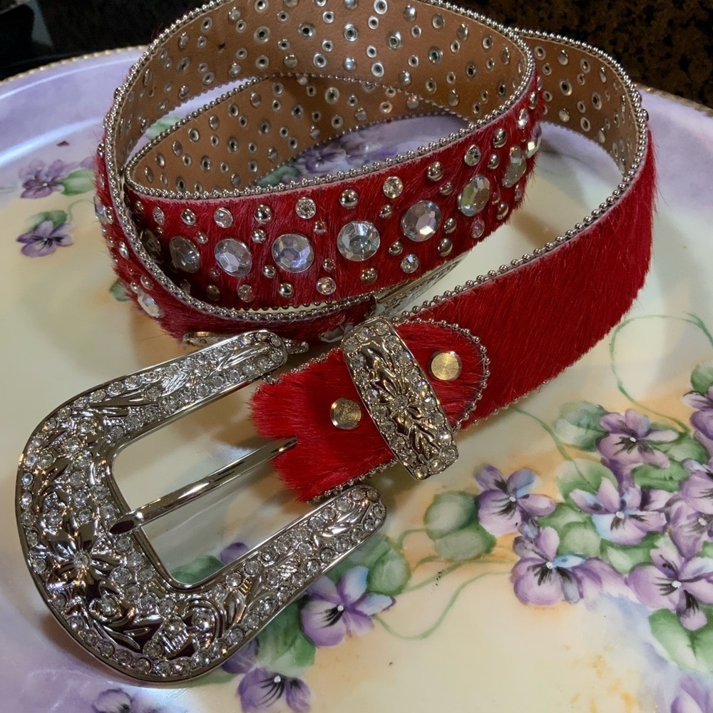 Atlas Belt Red Faux Fur Rhinestones and Studs Silver Tone #N1 - Picture 1 of 8